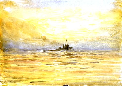 A fighting vessel, probably a destroyer, under way at sunset RMG PV0082