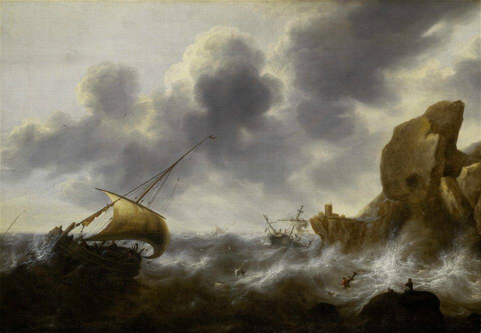 A Fishing Boat off a Rocky Coast in a Storm with a Wreck RMG BHC0837