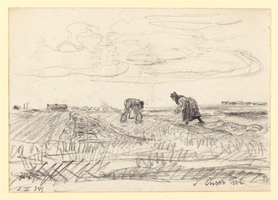 A field with a working man and woman, drawing by James Ensor, Prints Department, Royal Library of Belgium, S. IV 345
