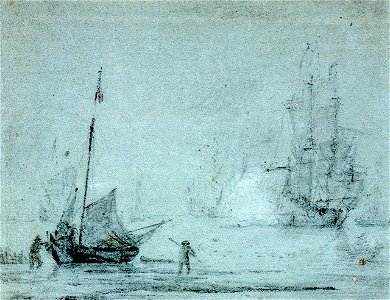 A fishing vessel ashore with fishermen casting a net RMG PW5735