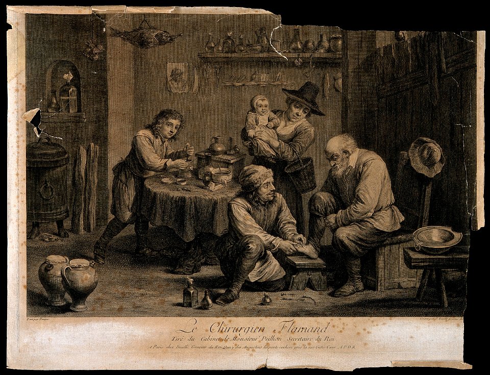 A Flemish surgeon treating an elderly man's foot, an assista Wellcome V0016744