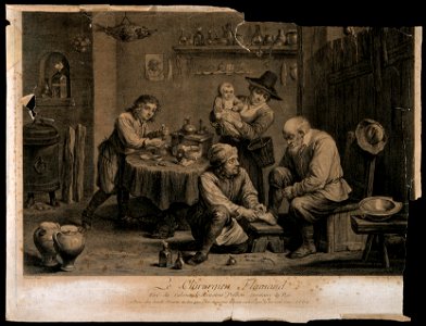 A Flemish surgeon treating an elderly man's foot, an assista Wellcome V0016744