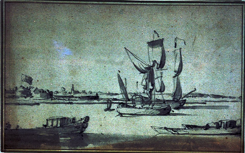 A fort on a river with state barges at anchor RMG PV5250
