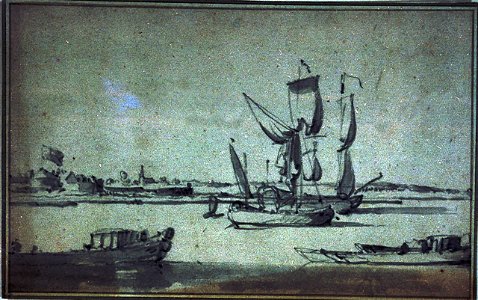 A fort on a river with state barges at anchor RMG PV5250