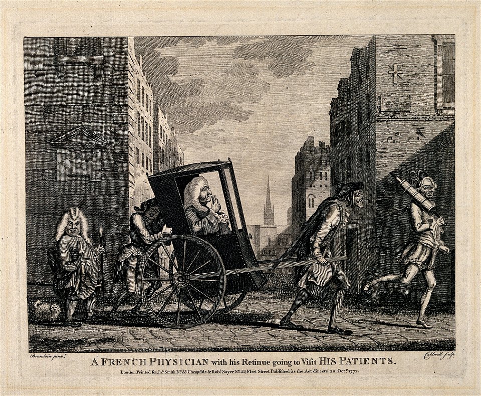A French physician on his rounds with his entourage. Etching Wellcome V0010934
