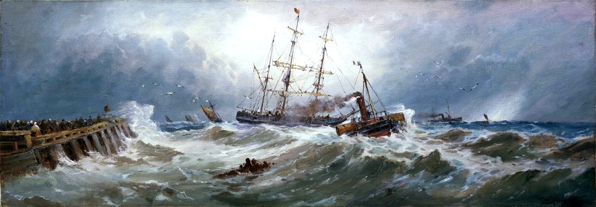 A French paddle tug bringing a barque into Boulogne harbour in heavy weather RMG BHC2367