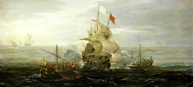 A French Ship and Barbary Pirates (c 1615) by Aert Anthoniszoon. Free illustration for personal and commercial use.