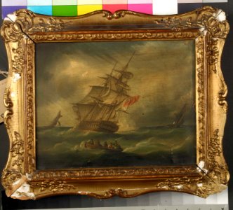 A frigate and a naval cutter chasing a French cutter, with a boat recovering a man overboard RMG BHC1216