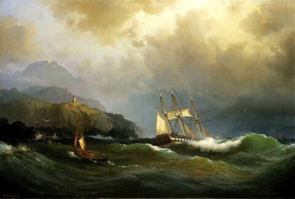 A frigate clawing off a rocky coast RMG BHC1259