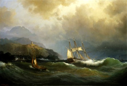 A frigate clawing off a rocky coast RMG BHC1259