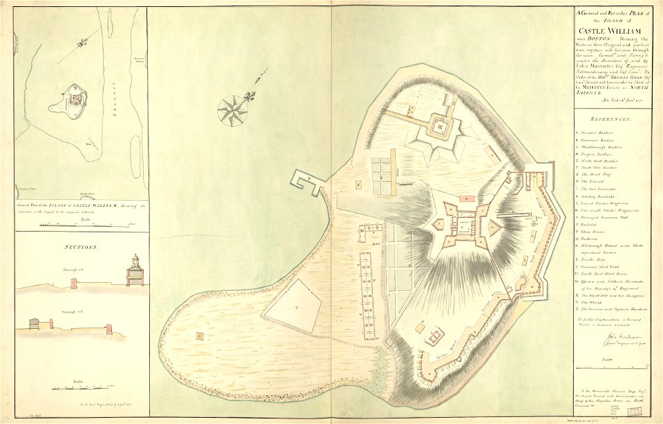 A general and particular plan of the island of Castle William near Boston. Shewing the works in their original and present state, together with sections through the same. Carried on and survey'd under LOC gm71000937