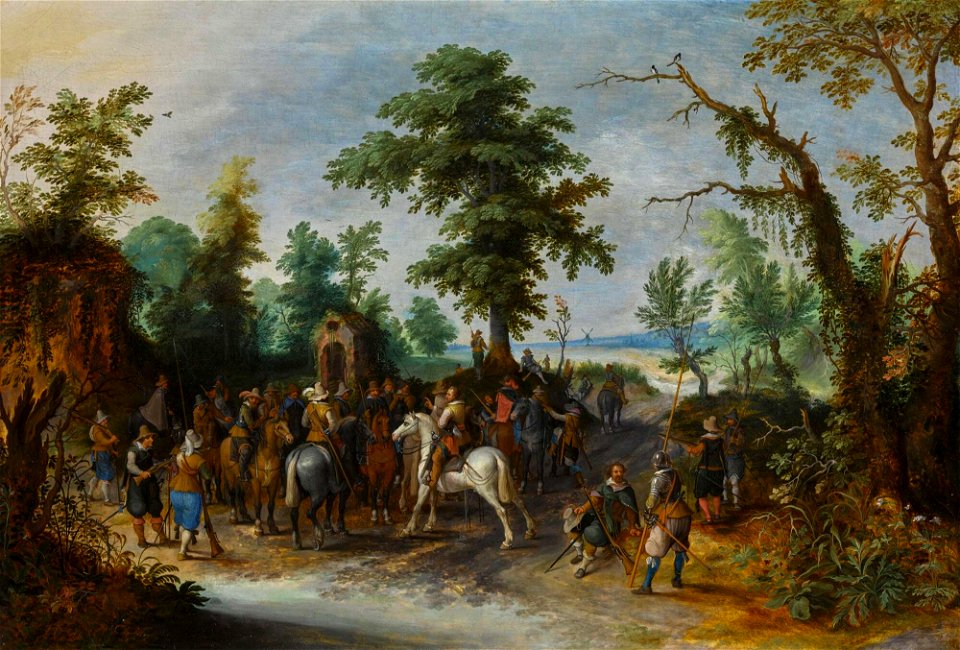A gathering of soldiers in a clearing (by Sebastiaan Vrancx)