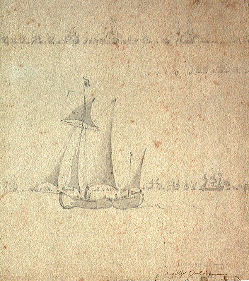 A galjoot with the English fleet in the distance RMG PW6868