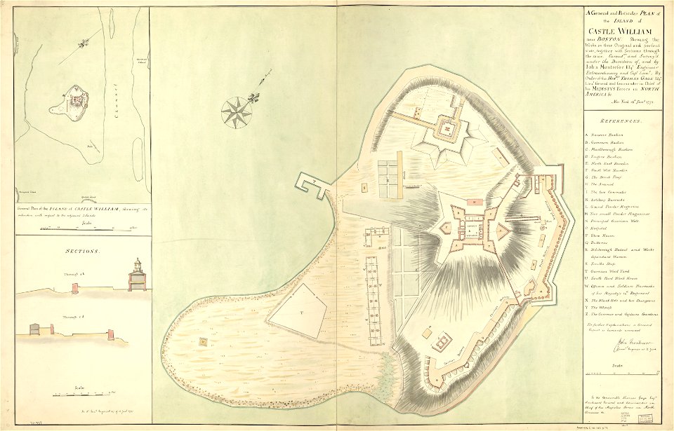 A general and particular plan of the island of Castle William near Boston. Shewing the works in their original and present state, together with sections through the same. Carried on and survey'd under LOC gm71000937