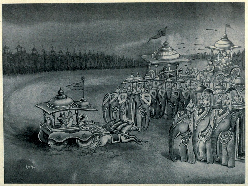 Arjuna alongs with Krishna, enters Elephant brigade of Durmarshana