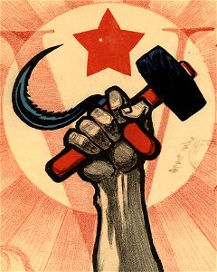 Arm with Hammer and sickle, red star and V in background 1922 art detail, from- Да здравствует пятая годовщина великой пролетарской революции (плакат) (cropped)