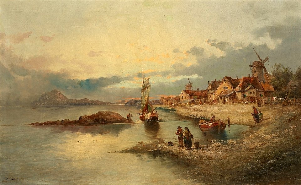 Armand Doré Küstenlandschaft mit Windmühlen und Dorf