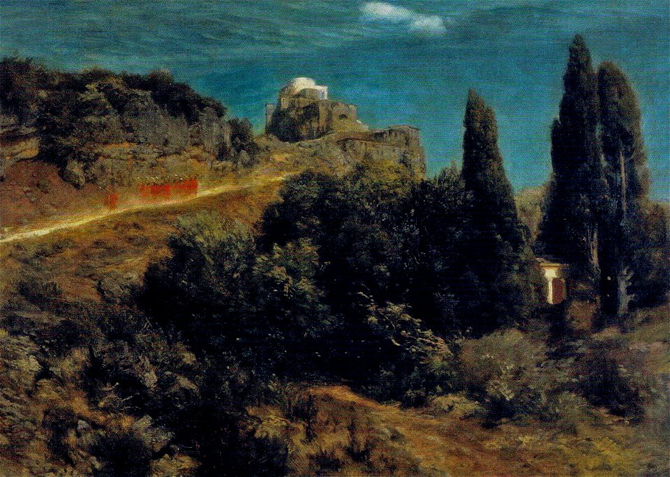 Arnold Böcklin - Bergschloss mit Kriegerzug