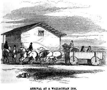 Arrival at a Wallachian inn. Edmund Spencer. Turkey, Russia, the Black Sea, and Circassia.P.107. Free illustration for personal and commercial use.