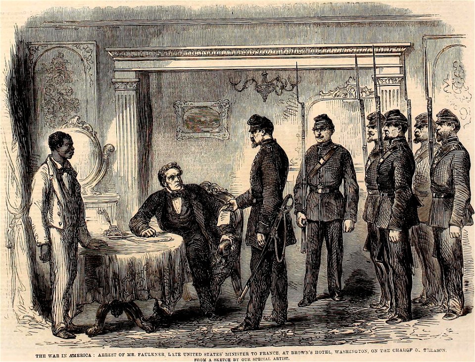 Arrest of Mr. Faulkner, late United States' minister to France at Brown's Hotel, Washington, on the charge of treason - ILN 1861 (14593942527) (cropped)