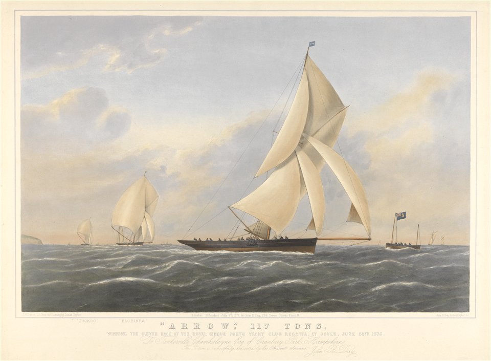 Arrow 117 Tons, winning the cutter race at the Royal Cinque Ports Yacht Club Regatta, at Dover June 24th 1876. To Tankerville Chamberlayne Esq - (shows Cuckoo and Florinda RMG PY8624