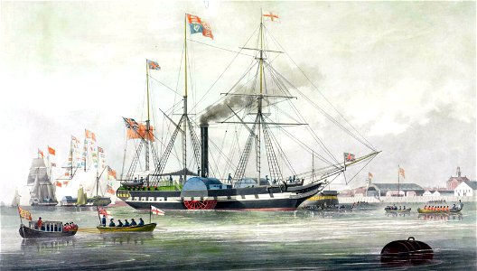 Arrival Queen Victoria & Prince Albert aboard Trident, Woolwich Dockyard, W J Huggins 1843 LMA