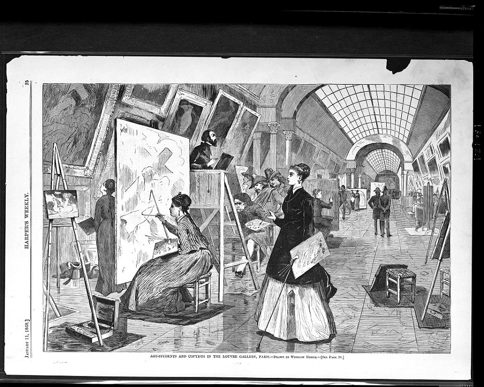 Art-students and copyists in the Louvre gallery, Paris - drawn by Winslow Homer. LCCN2002695554