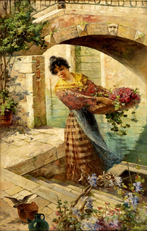 A Young Woman Carrying a Flower Basket along a Canal by J. Charles Arter