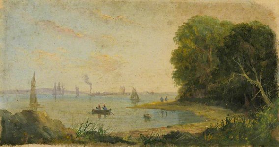 Arthur Wellington Fowles (1815-1883) - A River Scene with a Rowing Boat and Sails on the Horizon - BHC1201 - Royal Museums Greenwich. Free illustration for personal and commercial use.