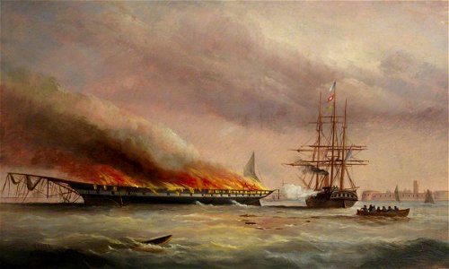 Arthur Wellington Fowles (1815-1883) - Burning of the Troopship 'Eastern Monarch' at Spithead, June 1859 - BHC3304 - Royal Museums Greenwich