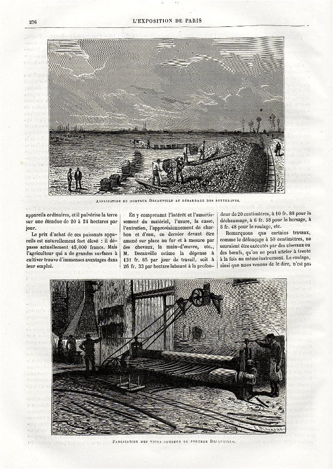 Article on Decauville's beet carrier exhibited at the 1878 World's Fair in Paris (illustrated by Jules Férat)