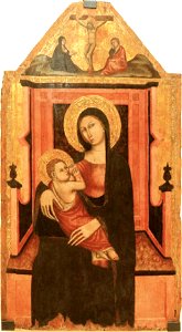 Artista campano, Madonna in trono col Bambino e Crocifissione (anni 1380). Free illustration for personal and commercial use.