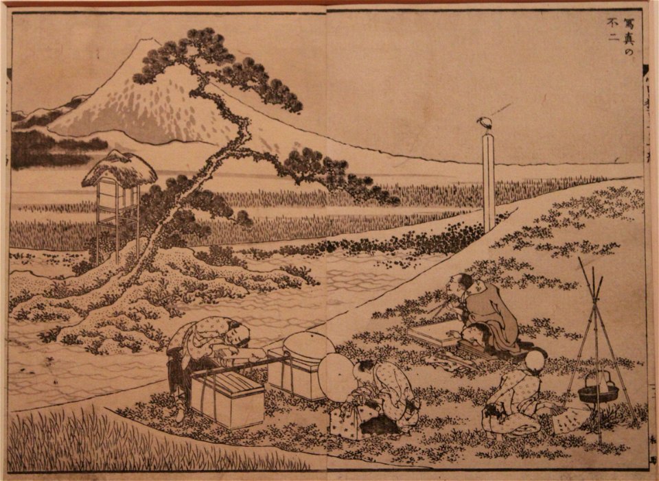 Artiste s'installant pour peindre le mont Fuji - Hokusai sumizuri-e Guimet 1