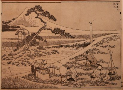 Artiste s'installant pour peindre le mont Fuji - Hokusai sumizuri-e Guimet 1