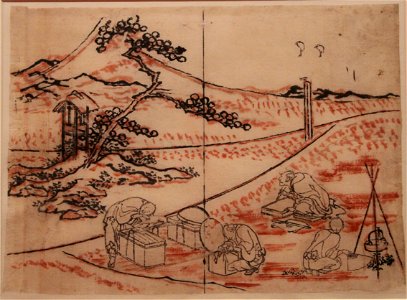 Artiste s'installant pour peindre le mont Fuji - Hokusai preparatoire Guimet 1