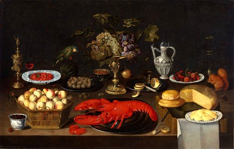 Artus Claessens - Still Life of Fruit, a Lobster, Cheeses and Drinking Vessels with a Parrot and a Squirrel on a Table. Free illustration for personal and commercial use.