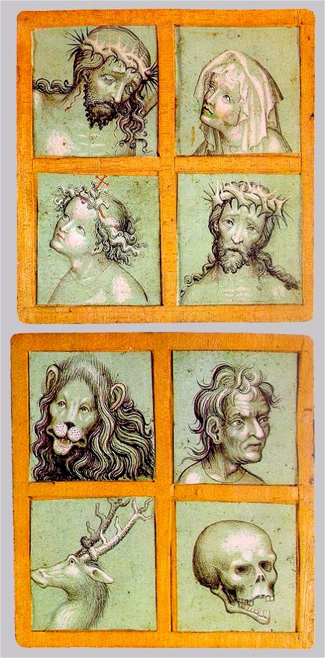 Artwork by unknown artist - The Virgin, Two Heads of Christ, an Angel, a Thief, a Lion, a Skull and a Stag (from a model-book) - WGA23520