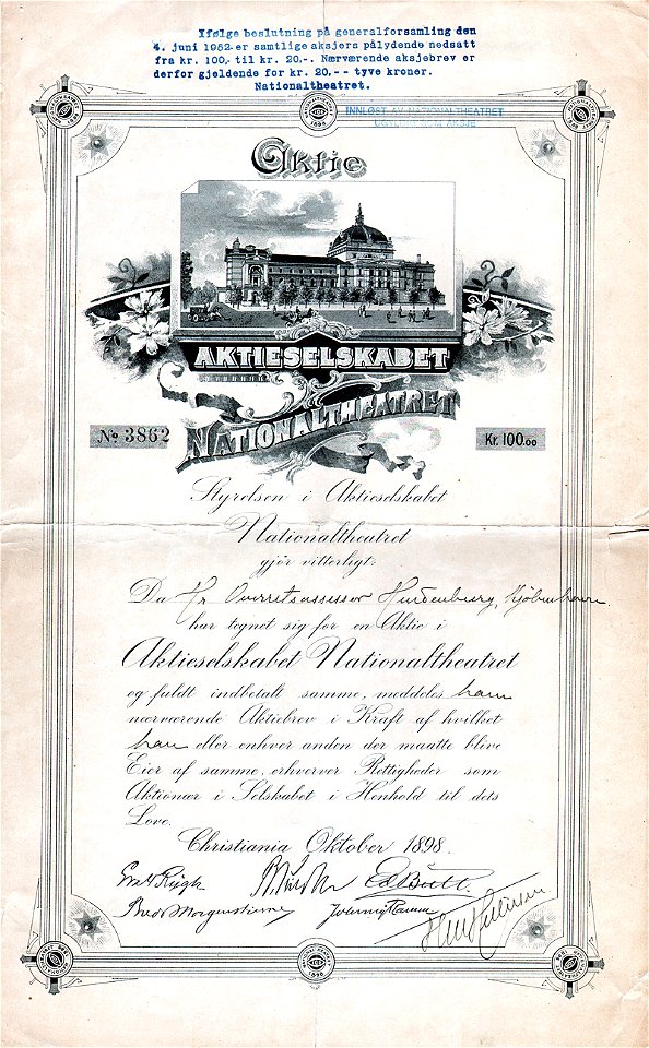 AS Nationaltheatret 100 nkr 1898