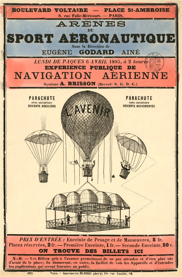 Arènes du sport aéronautique sous la direction de Eugène Godard, aîné, lundi de Paques, 6 avril 1885, à 2 heures