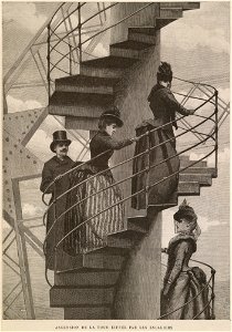 Ascension de la tour Eiffel par les escaliers. Free illustration for personal and commercial use.