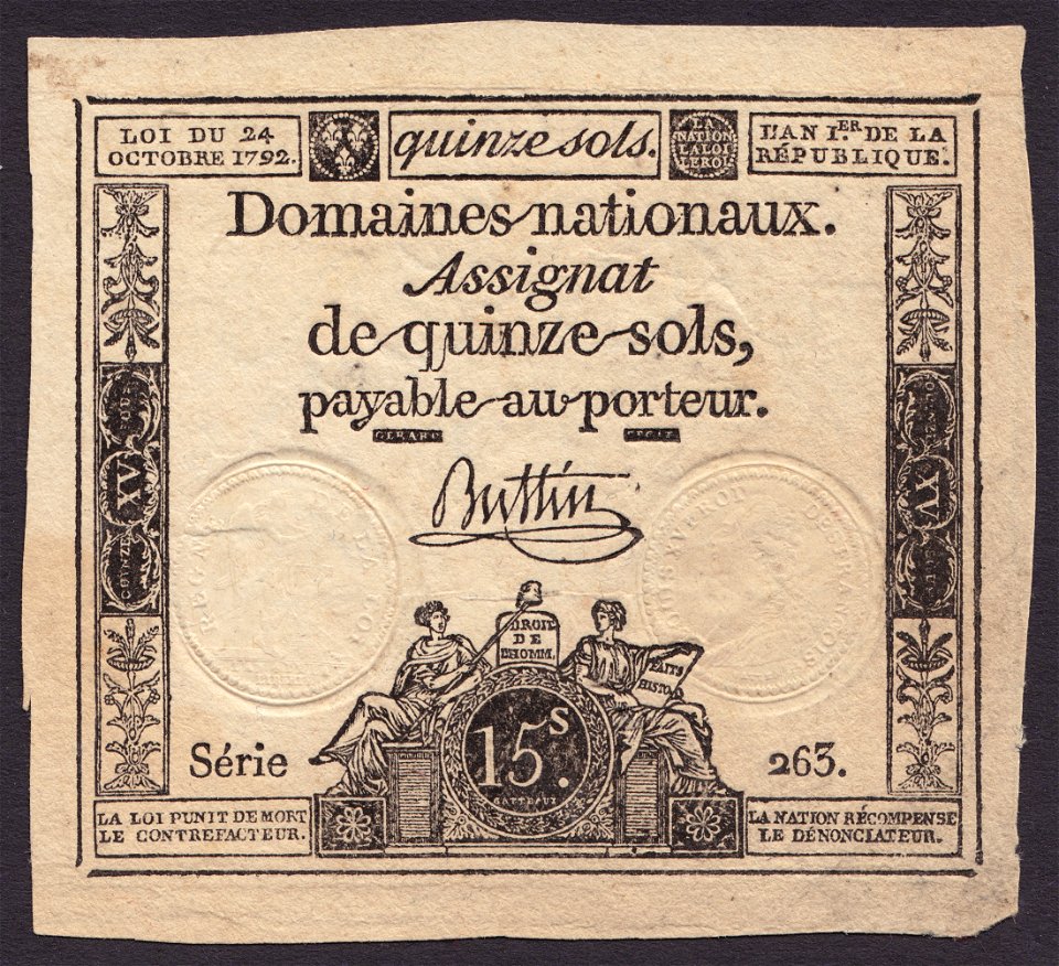 Assignat de 15 sols série 263