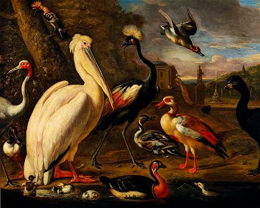 Associate of Melchior de Hondecoeter - A pelican and other birds by the water