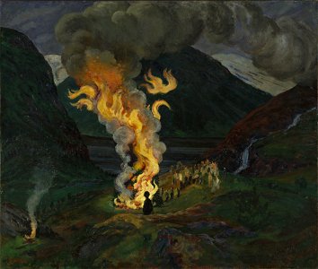 Nikolai Astrup - Bonfire celebrating Midsummer Night - NG.M.03609 - National Museum of Art, Architecture and Design. Free illustration for personal and commercial use.