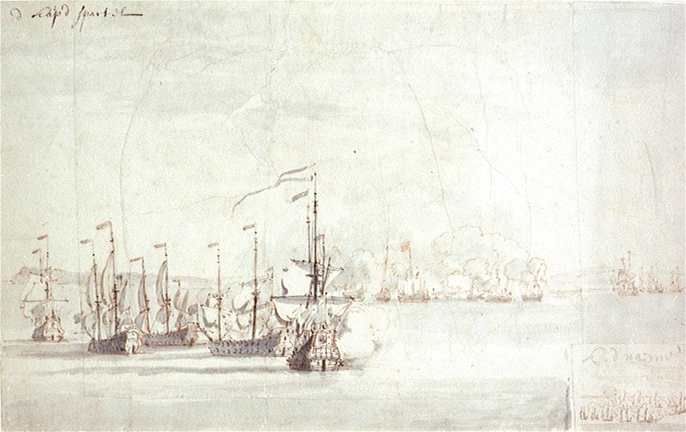 Beach and Van Ghent driving six Algerine ships ashore at Cape Spartel, 17-27 August 1670 RMG PW6934