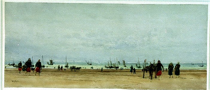 Beach scene with figures, donkey and cart, and small sailing vessels in the sea RMG PV5012