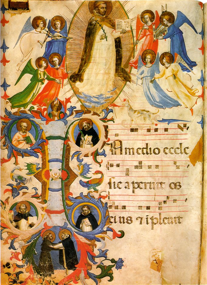 Beato angelico, san domenico in gloria, c 67v, messale 558, 1430 circa, san marco, firenze
