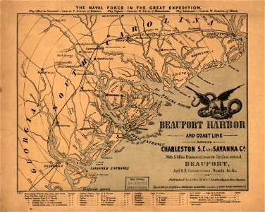 Beaufort Harbor and coast line between Charleston, S.C. and Savanna (sic) Ga., with 5 mile distance lines in circles round Beaufort, and R.R. connections, roads, etc. etc. LOC 99448811