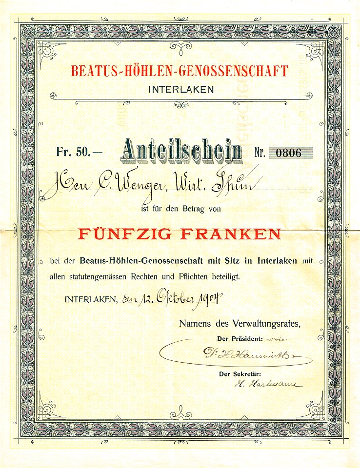 Beatus-Höhlen-Genossenschaft 1904