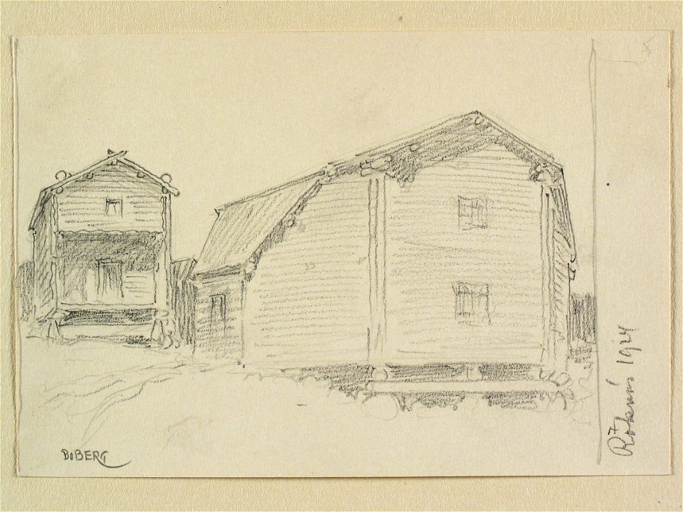 Bebyggelse i Roknäs, Norrbotten. Teckning av Ferdinand Boberg - Nordiska museet - NMA.0088343
