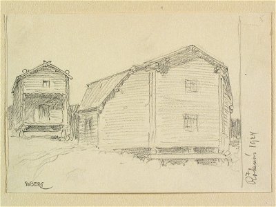 Bebyggelse i Roknäs, Norrbotten. Teckning av Ferdinand Boberg - Nordiska museet - NMA.0088343